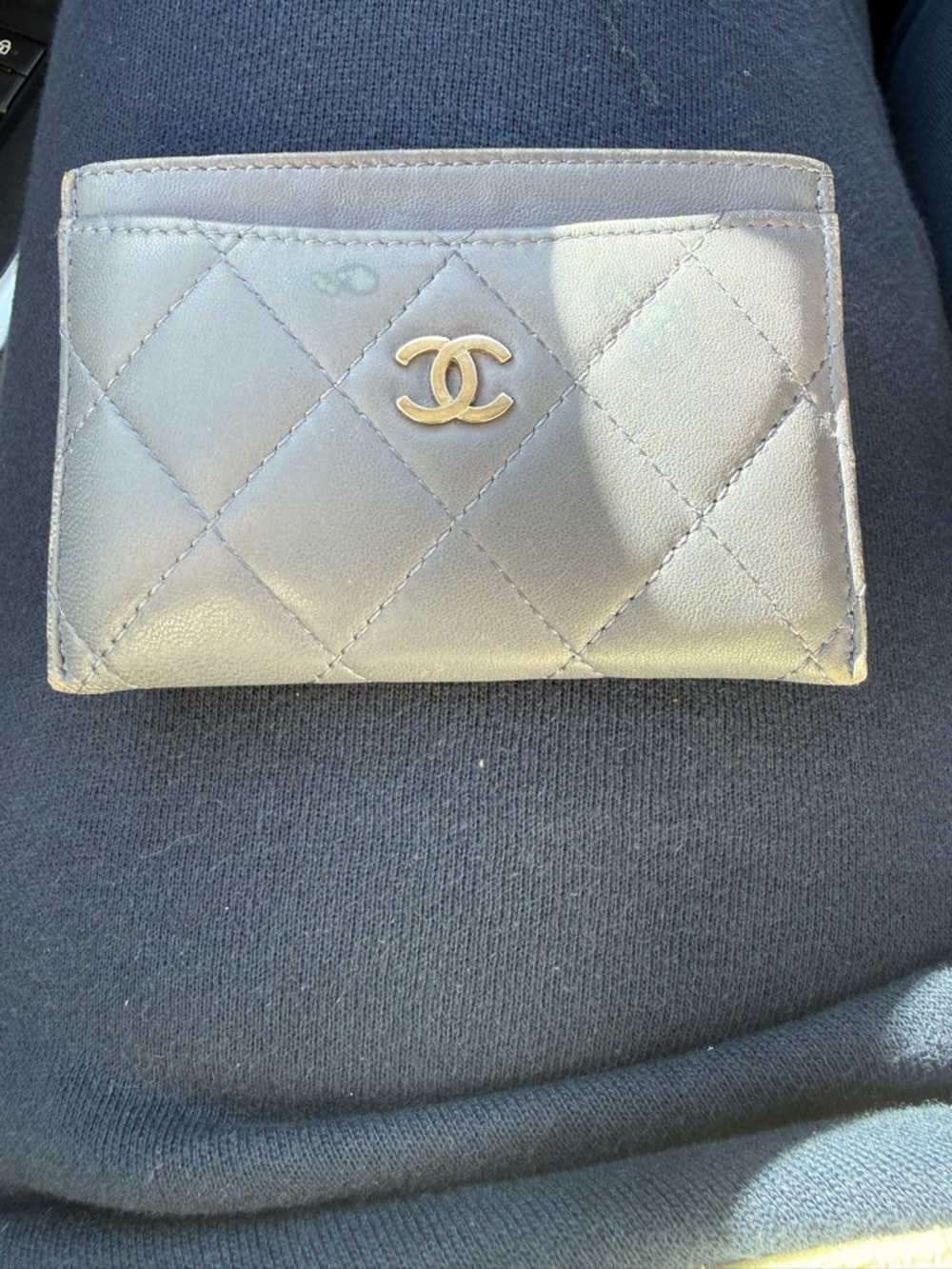 CHANEL Quilted Card Holder in Metallic Gray with Gold CC